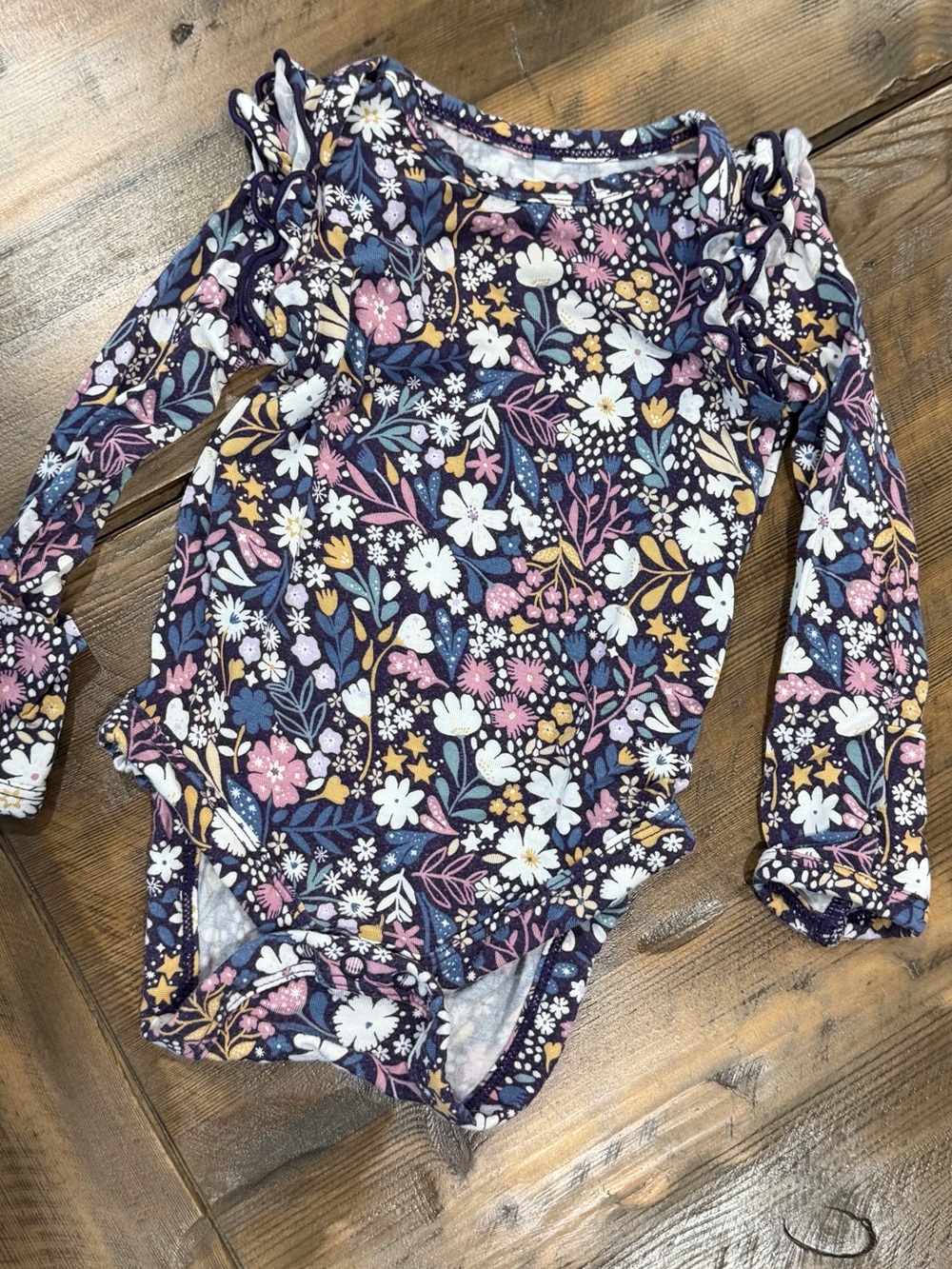 Little Sleepies Navy Floral Long-Sleeve Bodysuit with Ruffle Shoulders